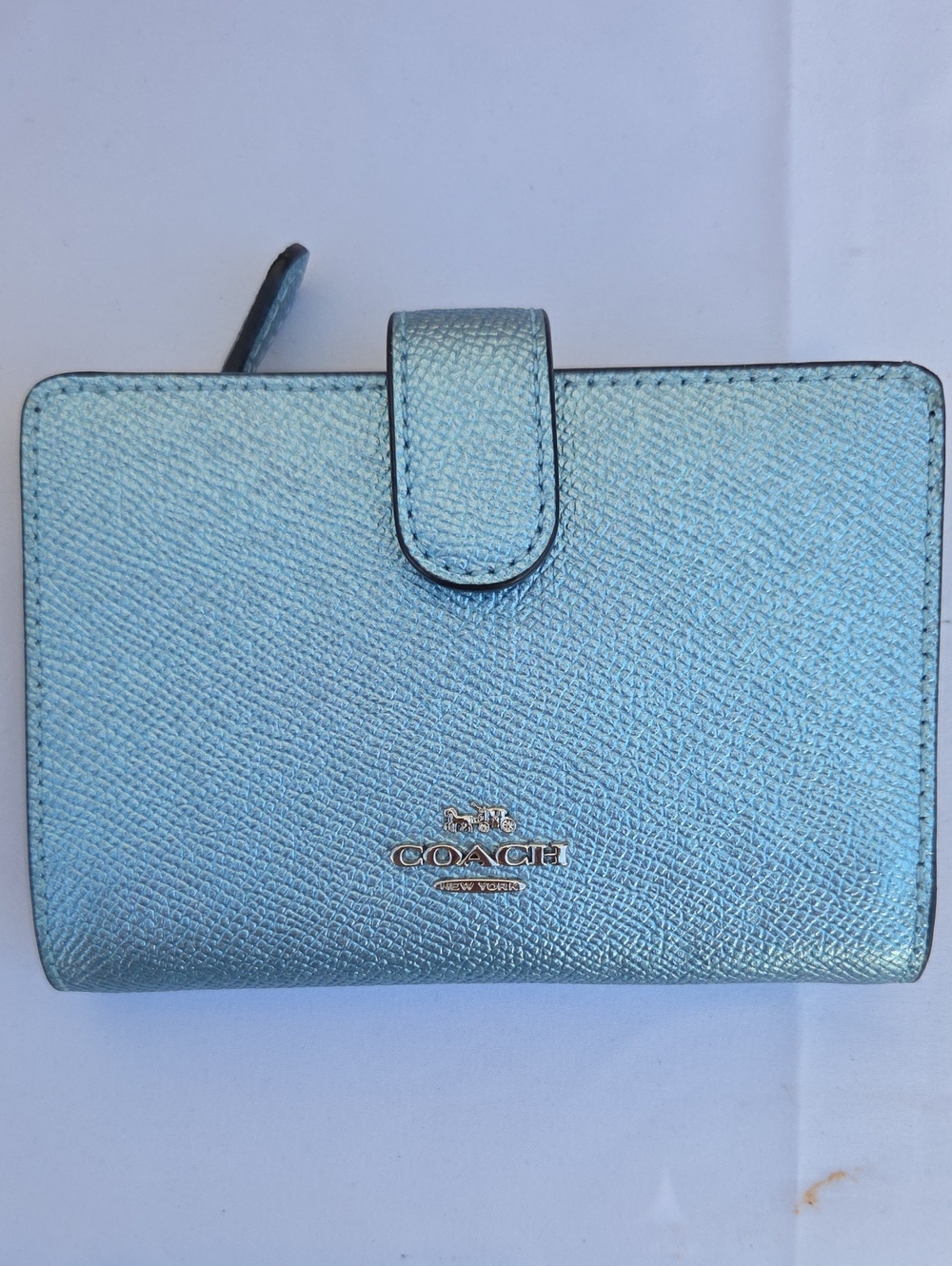 Coach Medium Corner Zip Wallet Metallic Turquoise